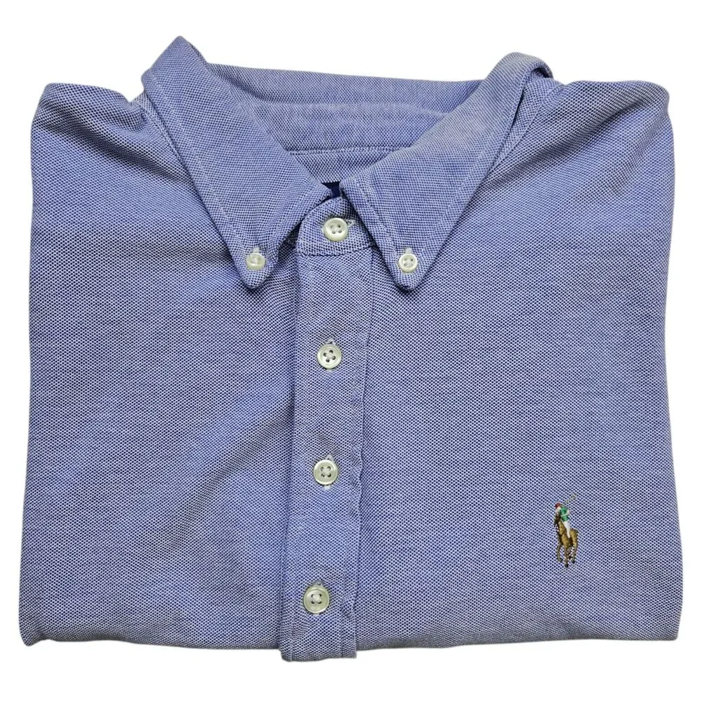 Ralph Lauren Knit Oxford Mens Blue Polo Button Down Short Sleeve Shirt Size XL